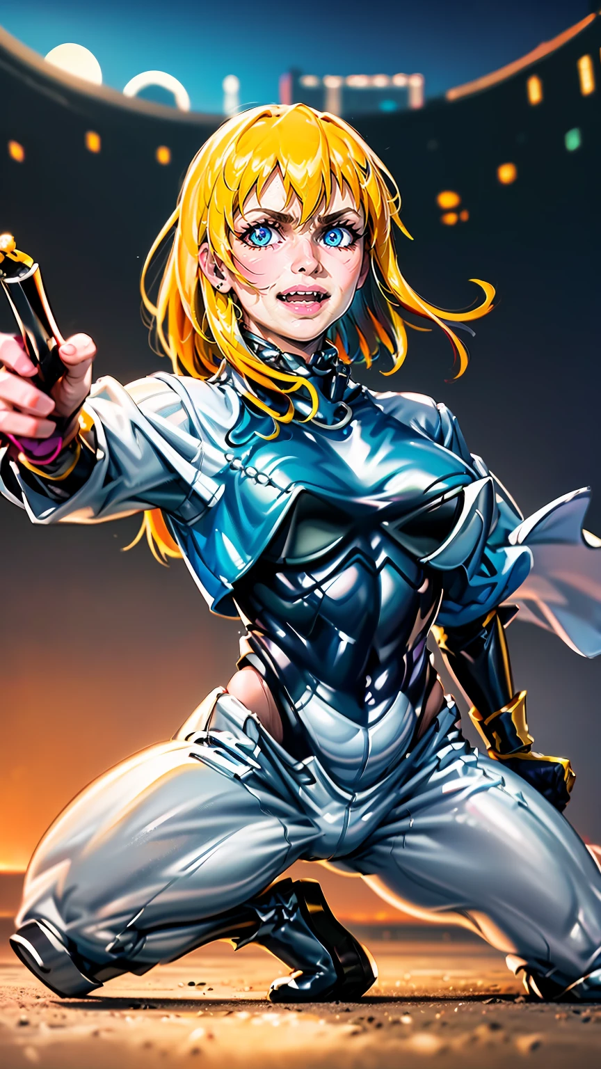 excel, orange hair, smile, fang, open mouth, green eyes,standing, medium breast, pants, pullover, , full body,knight pullover,, fantasy cyberpunk city magic, martial arts, martial pose, entire body, full body, posing, refsheet, full body,,  pullover,