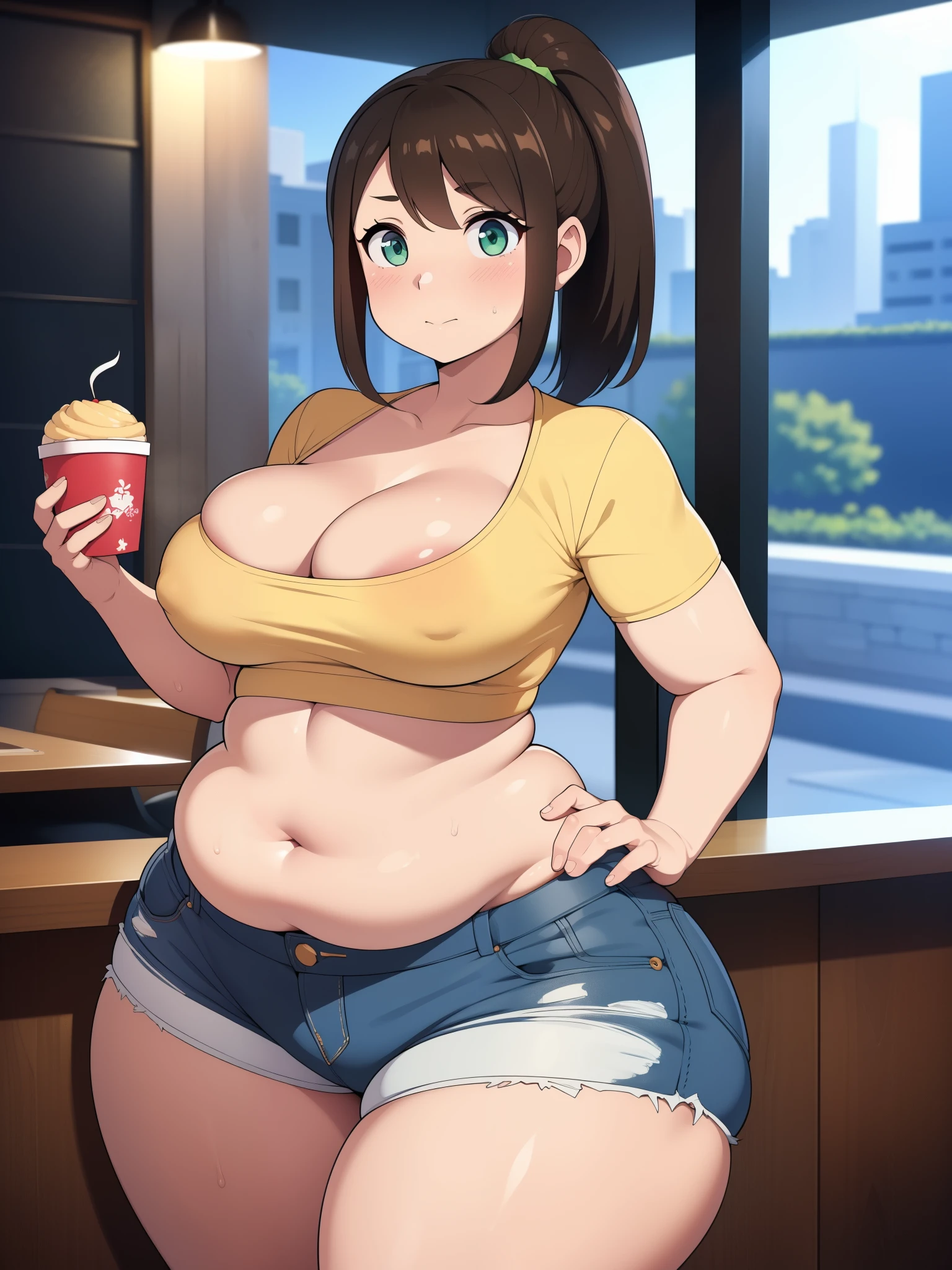 ((Masterpiece)), perfect anatomy, perfect shading, field of depth, (best quality), extremely delicate and beautiful, perfect lighting, detailed face, ultra cute face, cute, (1girl), (solo),

short fluffy brown hair, ponytail, green eyes, ((blush)), embarrassed, looking at viewer, crop top, shorts, cleavage, medium breasts, ((thick thighs)), ((wide hips)), fat ass, chubby, 

intricate background, detailed background, fast food restaurant, standing, 
