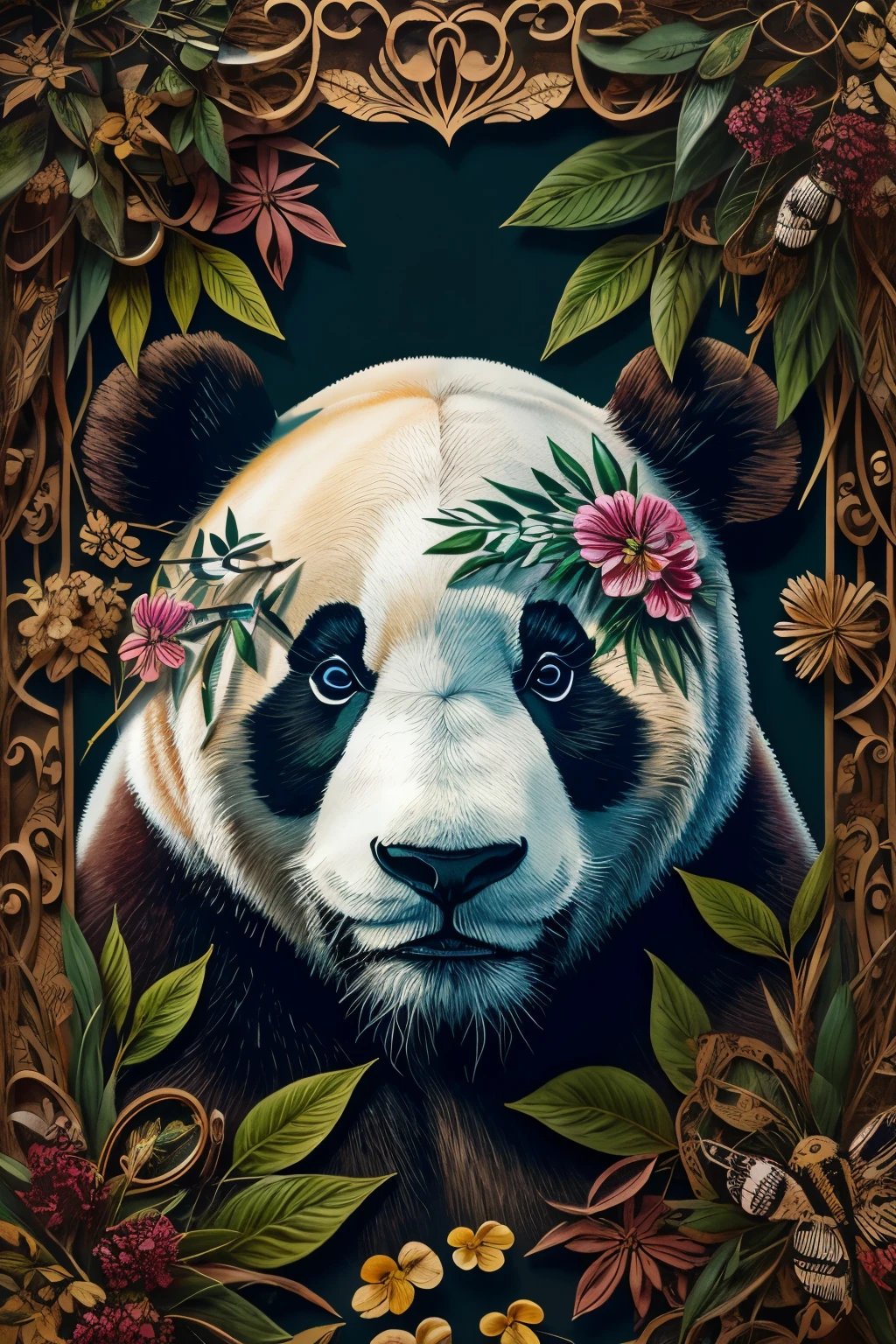 contemporary art collage, panda head, front，With flowers and leaves, some smart insects, painted, super detailed, full color, bright colors, 8K, actual 