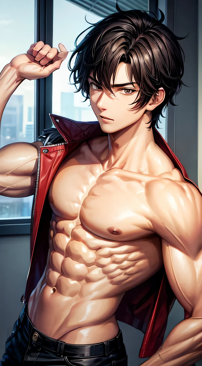 Shirtless anime guy with black hair and 6 pack abs. He also has a red vest thrown over him.