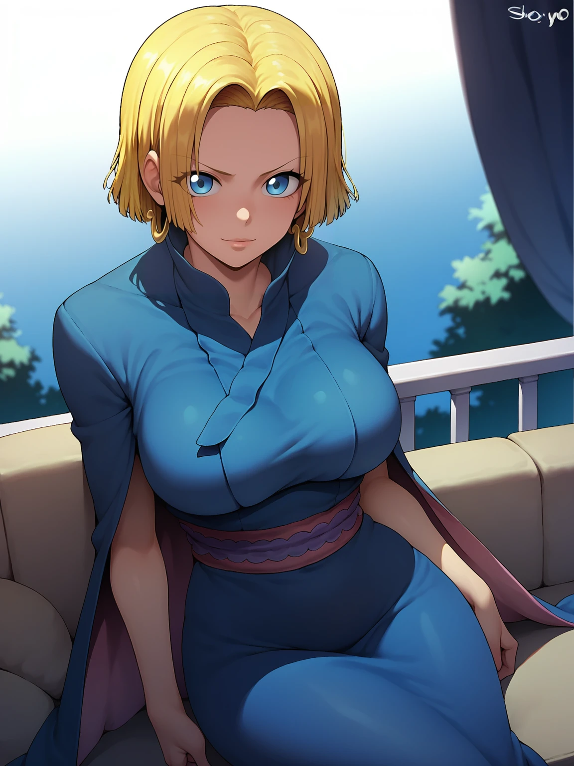 score_9,score_8_up,score_7_up,rating: general,1girl,solo, short hair,breasts,looking at viewer,blush,large blonde hair, closed mouth,shexyo, shexyo style, boa hancock, couch, balcony, fancy couch, white couch, one piece 