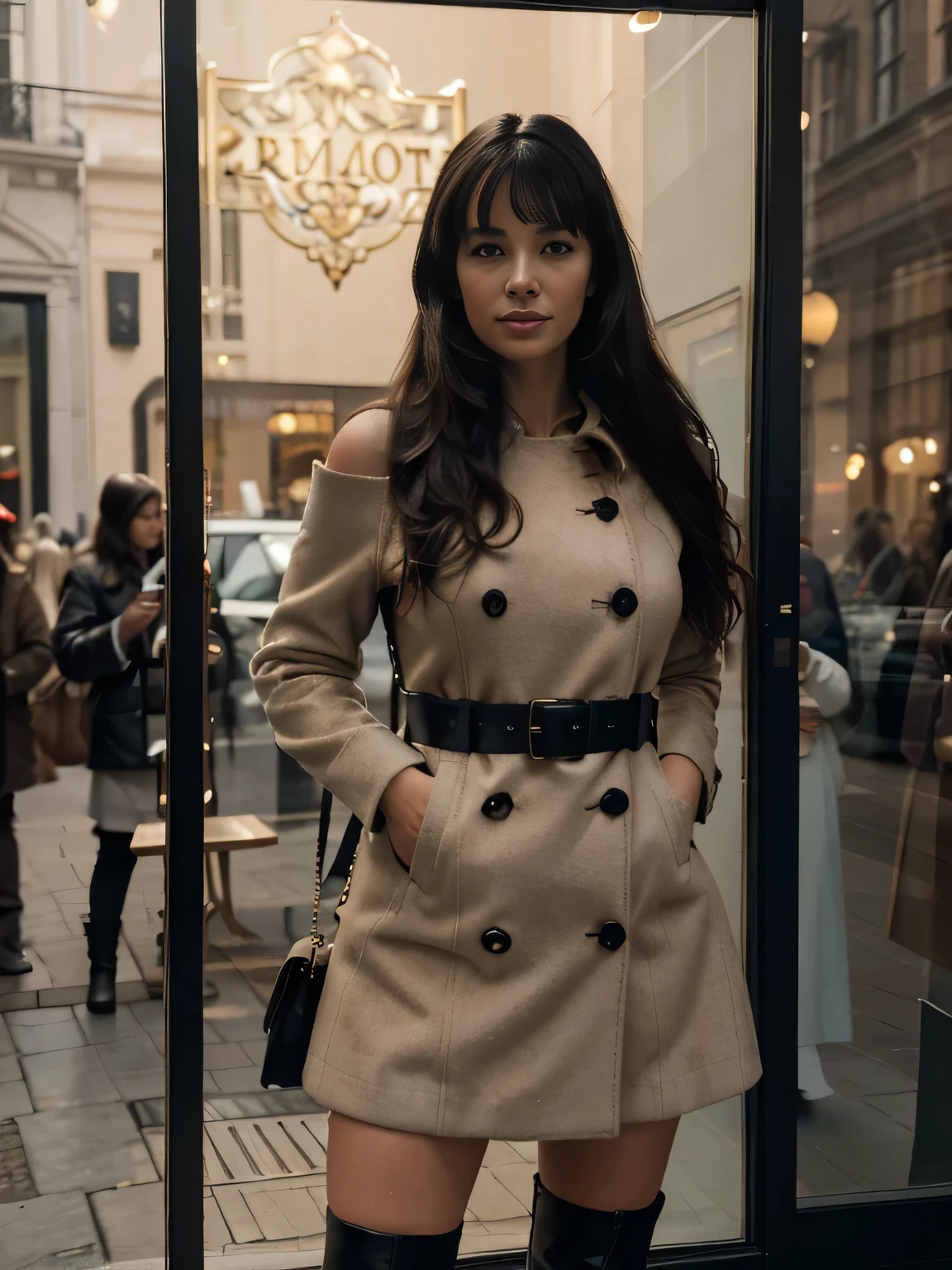 solo lovely smiling Bettie Page, strong daylight, sun shining, wintertime, very cold, raining,in front of boutique, (highest quality texture), boutique store front, display windows full of interesting items, film quality, completly dressed in high style leather fashion, maxy long wool coat large wool sweater, long wool skirt, black gloves, tigh high boots, 3 shoulder bag,she's in front of beautiful boutique ,soft accent candlelight in windows, gorgeous rembranndt like lighting, (Rembrandt patch), (highest quality window details), hip cool boutique in background, silky long dark hair, hair bangs to her eyes, she's gonna make love soon, every detail,Fine facial features, Masterpiece – Masterpiece ○○ quality – ○○ quality best quality(Highest Quality) ,Leica film, best, solo female, High quality (hiquality) etc ○○ detailed – ○○ details ultra detailed(Ultra-fine ), Photorealistic, Extremely detailed(Extremely detailed) , Finely detailed(Fine-grained), (highest detail skin texture peachfuzz earlobe realistic) etc ○○ res – ○○ resolution ultra high res(A high resolution) , very high texture res(light resolution), Realistic – Realistic Photorealistic – photorealistic beautiful – beautiful 4k , 8K, artsy shop front, close and intimate,