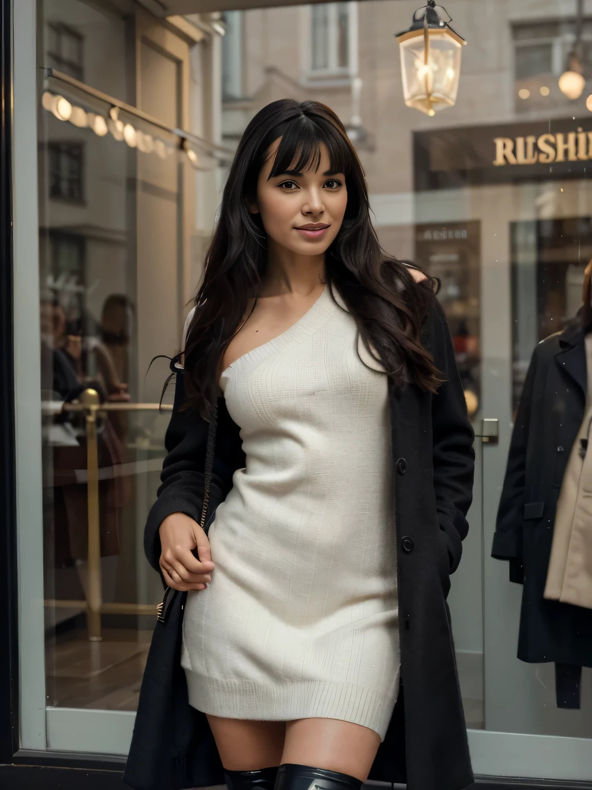 solo lovely smiling Bettie Page, strong daylight, sun shining, wintertime, very cold, raining,in front of boutique, (highest quality texture), boutique store front, display windows full of interesting items, film quality, completly dressed in high style leather fashion, maxy long wool coat large wool sweater, long wool skirt, black gloves, tigh high boots, 3 shoulder bag,she's in front of beautiful boutique ,soft accent candlelight in windows, gorgeous rembranndt like lighting, (Rembrandt patch), (highest quality window details), hip cool boutique in background, silky long dark hair, hair bangs to her eyes, she's gonna make love soon, every detail,Fine facial features, Masterpiece – Masterpiece ○○ quality – ○○ quality best quality(Highest Quality) ,Leica film, best, solo female, High quality (hiquality) etc ○○ detailed – ○○ details ultra detailed(Ultra-fine ), Photorealistic, Extremely detailed(Extremely detailed) , Finely detailed(Fine-grained), (highest detail skin texture peachfuzz earlobe realistic) etc ○○ res – ○○ resolution ultra high res(A high resolution) , very high texture res(light resolution), Realistic – Realistic Photorealistic – photorealistic beautiful – beautiful 4k , 8K, artsy shop front, close and intimate,