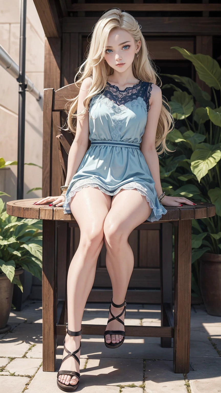 ((最high quality, 8K, masterpiece: 1.3, Ultra HD, high quality, 最high quality, High resolution, realism)) 、(high color saturation:1.0), (highly detailed skin), (最high quality:1.0), (超High resolution:1.0) ,(realistic:1.0), (Super detailed:1.0), (8K, Raw photo:1.1), slender、Slender, muscular body that's toned like an athlete's、I don't want my head to disappear from the screen.、Accessorize your wrist、Wearing red nail polish、I have a peticure、25 year old white woman、platinum blonde、blue eyes、long hair、hair above one eye、smile、skater dress((skater dress))wear、wear lace-up sandals、In a palace courtyard with flowering hedges、Sit on a chair and drink tea on a round table、There is a sweets tower on the table