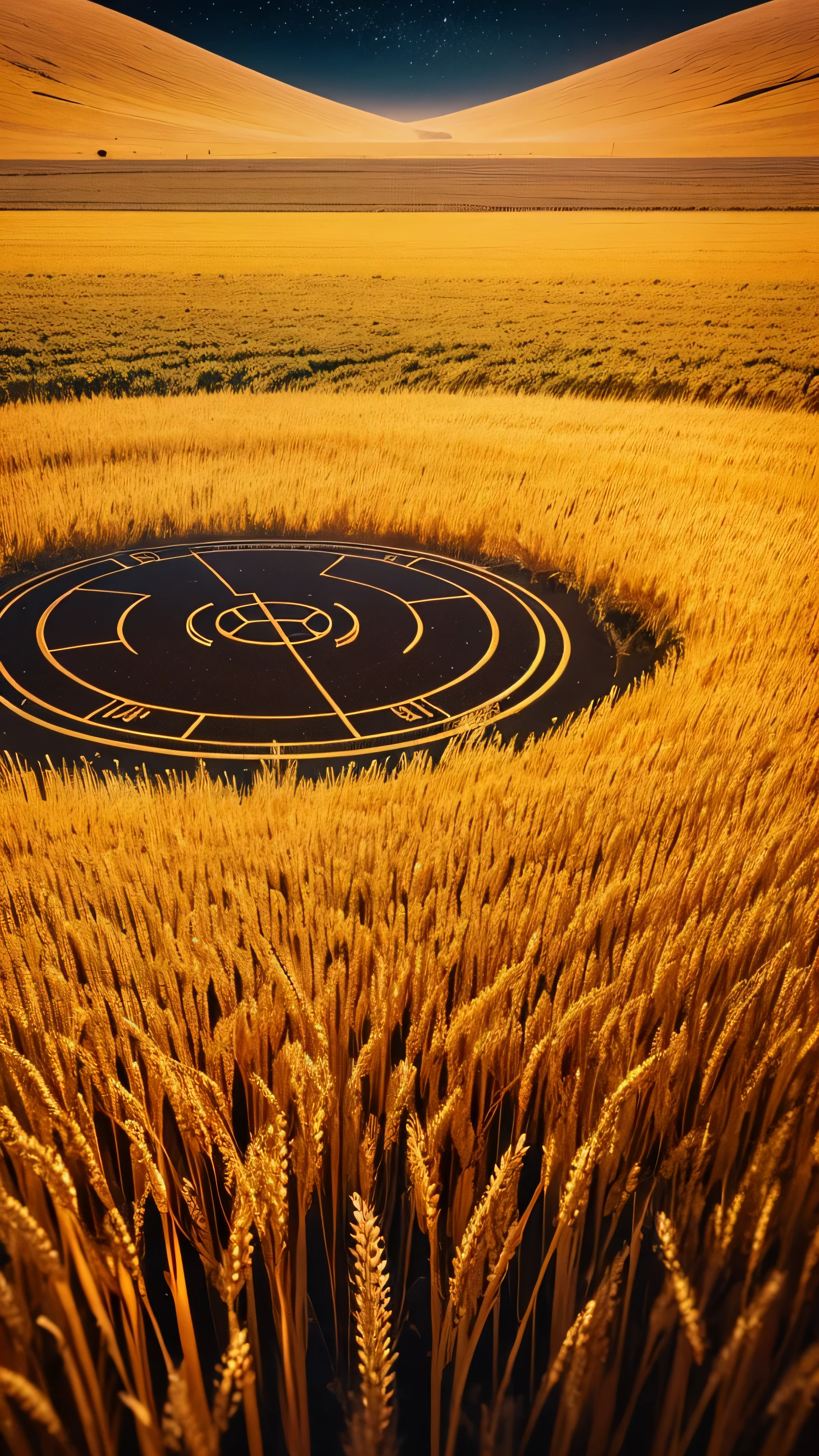 crop circles in wheat field, night sky