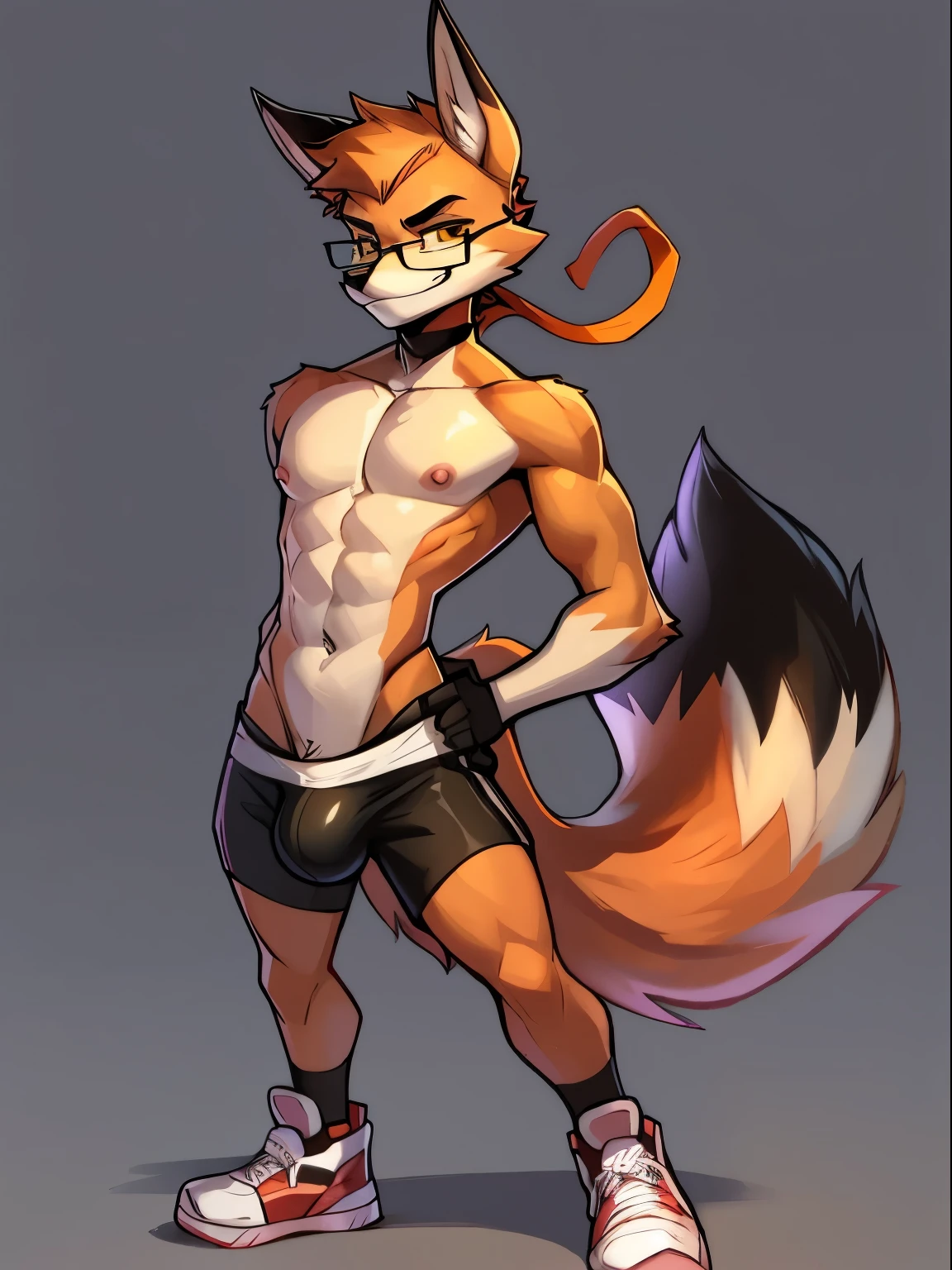 Male, fox，detailed yellow eyes, long tail, big nipples, slim, sly, simple background,sneakers, smirk, bulge,  glasses, tail wrapping around body