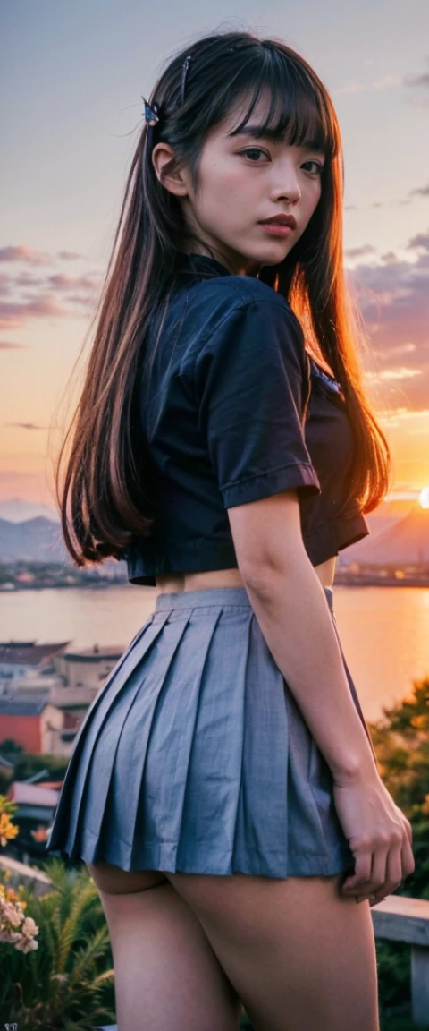 (((masterpiece: 1,5, best quality, High resolution, Super resolution, Super detailed: 1,2, rich background: 1,4))), (close up), at sunset，Spectacular sunset scenery，(1 girl), alone, exquisite eyes,double eyelids， blonde long hair tied with blue ribbon, hair accessories, blunt bangs, Smile, high school girls, Medium chest, ((hands behind back)), japanese clothes, (Blue short student outfit、pleated skirt), High heel, ribbon, Heart, ((outdoor)), Cherry blossoms, (Tori is ready), Cherry blossomss fall, ((sunset light: 1,3)), (Background of Mt. Fuji)，Different perspectives