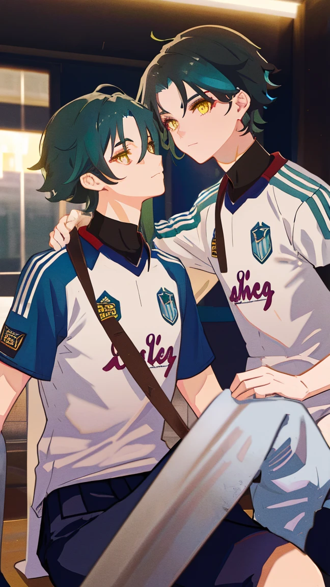 2 boys,dark green hair,highest quality,masterpiece,excessive,male focus,yellow eyes,beautiful eyes,beautiful boy,School,between men,Spouse,soccer club members,Blue soccer uniform,soccer,high school,soccer uniform,blue clothes,soccer court,teammate,same clothes,shoulder to shoulder,feminine,good friend,best image quality,