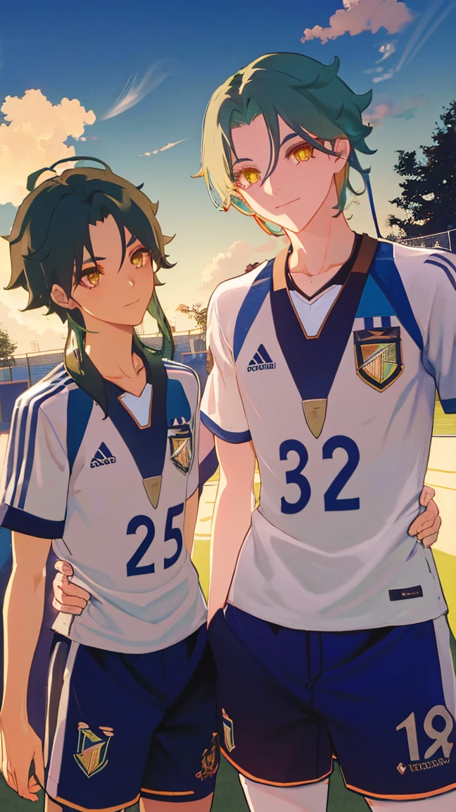 2 boys,dark green hair,highest quality,masterpiece,excessive,male focus,yellow eyes,beautiful eyes,beautiful boy,School,between men,Spouse,soccer club members,Blue soccer uniform,soccer,high school,soccer uniform,blue clothes,soccer court,teammate,same clothes,shoulder to shoulder,feminine,good friend,best image quality,