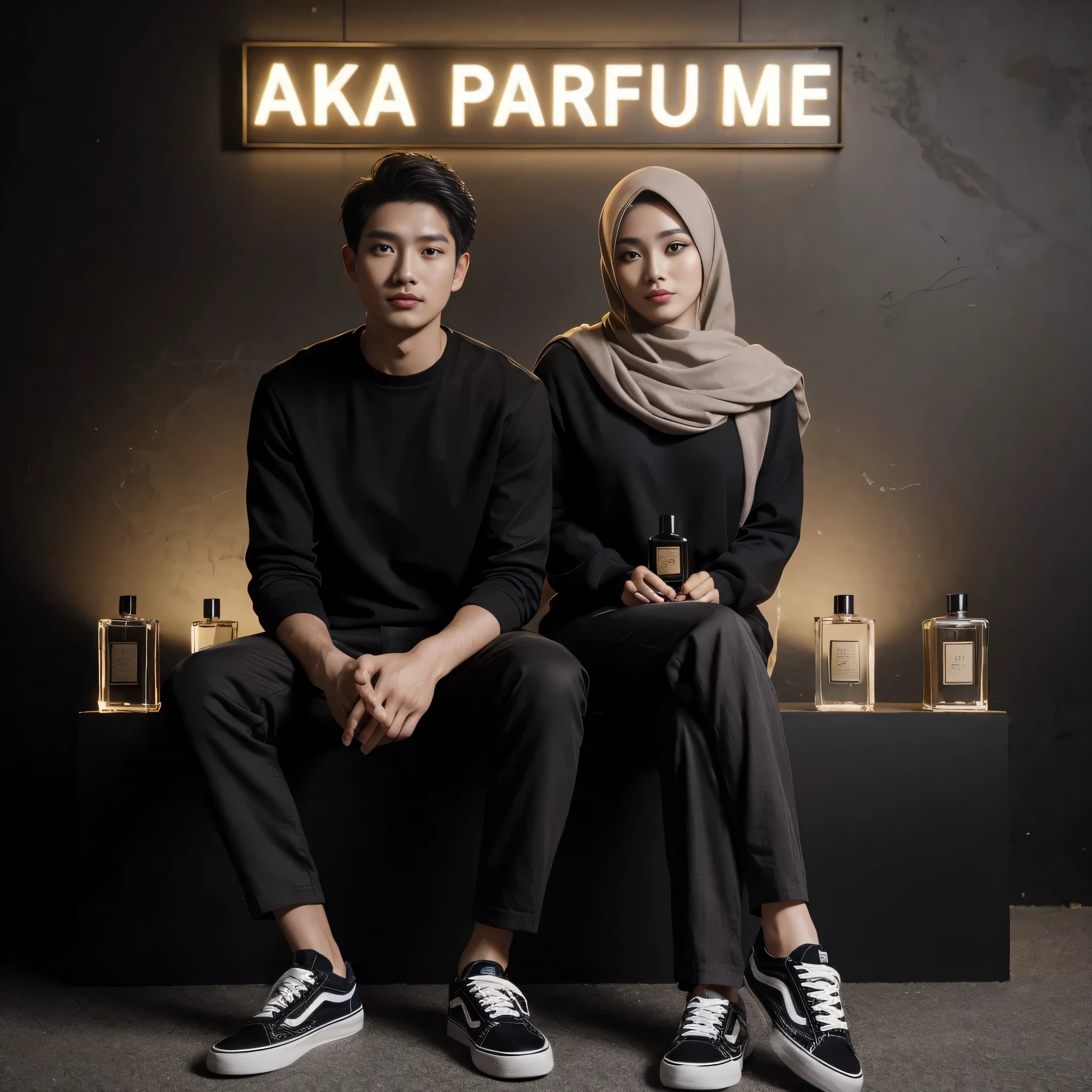 there are two people sitting on a bench with a bottle of perfume, perfume, photoshoot for skincare brand, ✨🕌🌙, akiman, full protrait, avatar image, couple, taken with sony alpha 9, product shoot, makeup, aka dream, photoshoot, authentic, official product photo, taken with canon 5d mk4, by Basuki Abdullah