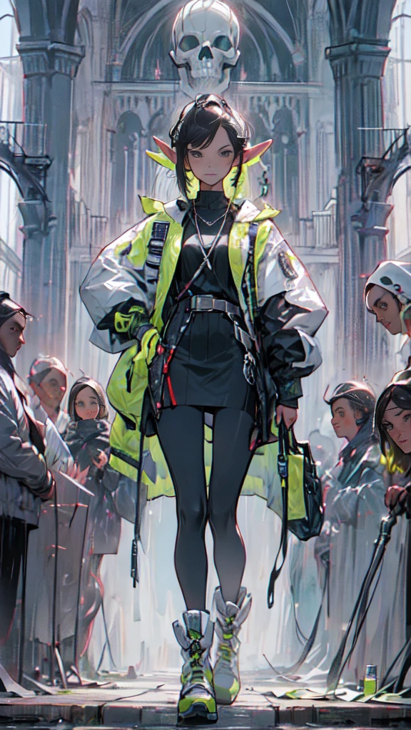 (((masterpiece, best quality))), (elf), (1girl), solo, Bangs, red tinted hair,White cyber Skull armor,long black glovelack pantyhoses,Handsome standing with white boots, art style by Artgerm, by Kawacy, By Yusuke Murata