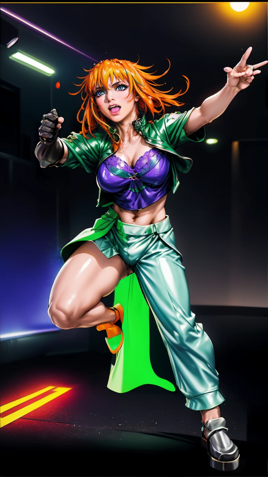 excel, orange hair, smile, fang, open mouth, green eyes,standing, medium breast, pants, pullover, , full body,knight pullover,, fantasy cyberpunk city magic, martial arts, martial pose, entire body, full body, posing, refsheet, full body,, pullover,
