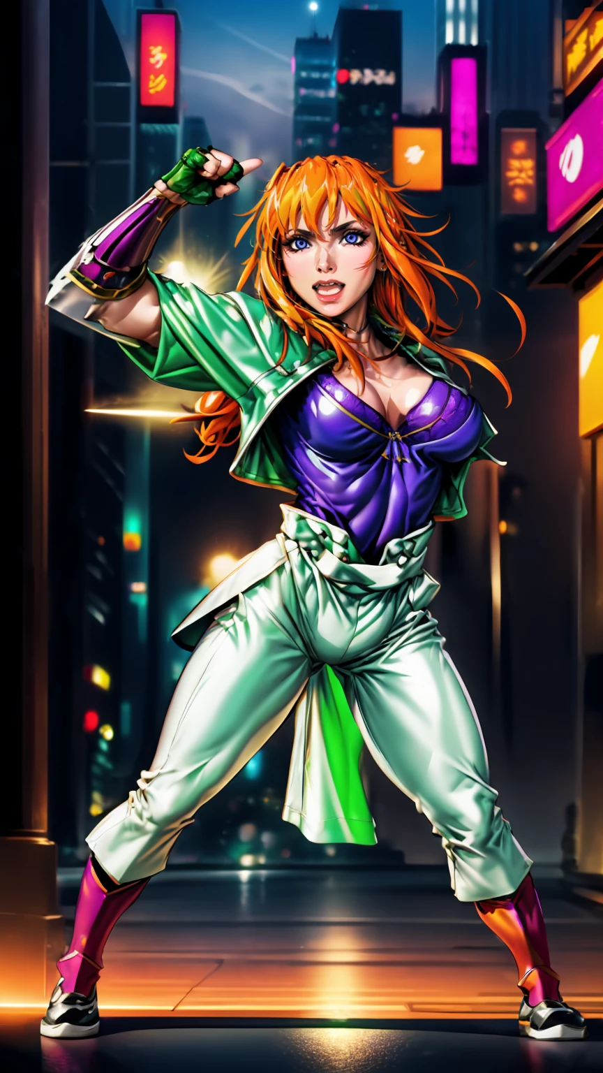 excel, orange hair, smile, fang, open mouth, green eyes,standing, medium breast, pants, pullover, , full body,knight pullover,, fantasy cyberpunk city magic, martial arts, martial pose, entire body, full body, posing, refsheet, full body,, pullover,