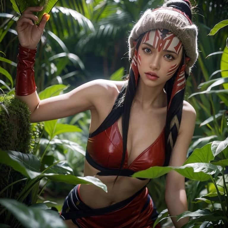 Sexy character Ahsoka Tano, with breasts and beautiful eyes, Against the backdrop of the jungle, realism