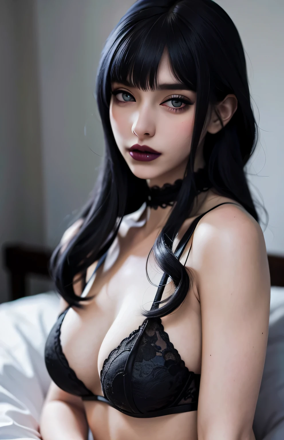 Best quality, masterpiece, ultra high res, (photorealistic:1.4), 1girl, offshoulder, deep shadow, shiny skin, masterpiece, (photorealistic:1.4), best quality, backlighting,pale skin, detailed shiny skin, looking at viewer, close mouth, pale skin, detailed black lipstick, black hair, blue eyes, blue eyeshadow, detailed black lipstick, black lips, black fingernails, pale skin, depth of field, 5 fingers, on bed, black lingerie