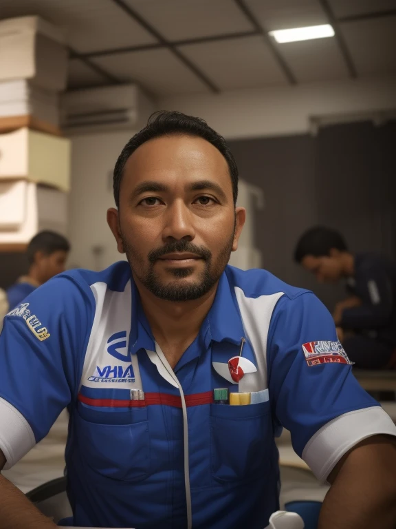 arafed man sitting at a table with a laptop computer, ismail, mohamed chahin, ramil sunga, zigor samaniego, 4 0 years old man, potrait, raden saleh, andy worhol, full protrait, khyzyl saleem, protrait, john jude palencar, mechanic, photo portrait, foto