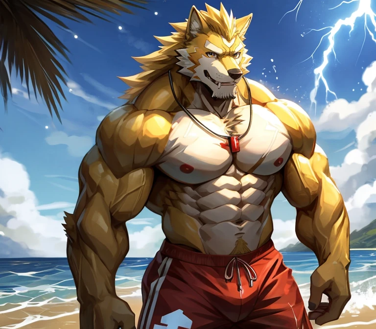 masterpiece,high quality,japanese manga,exquisite eyes, male wolf orc，golden animal hair，Pendant with wave pattern，Lifeguard, Great physique,Strong arms are the charm of a man, , 在beach散步, beach, Swimming pants, (thunder and lightning), splash, 