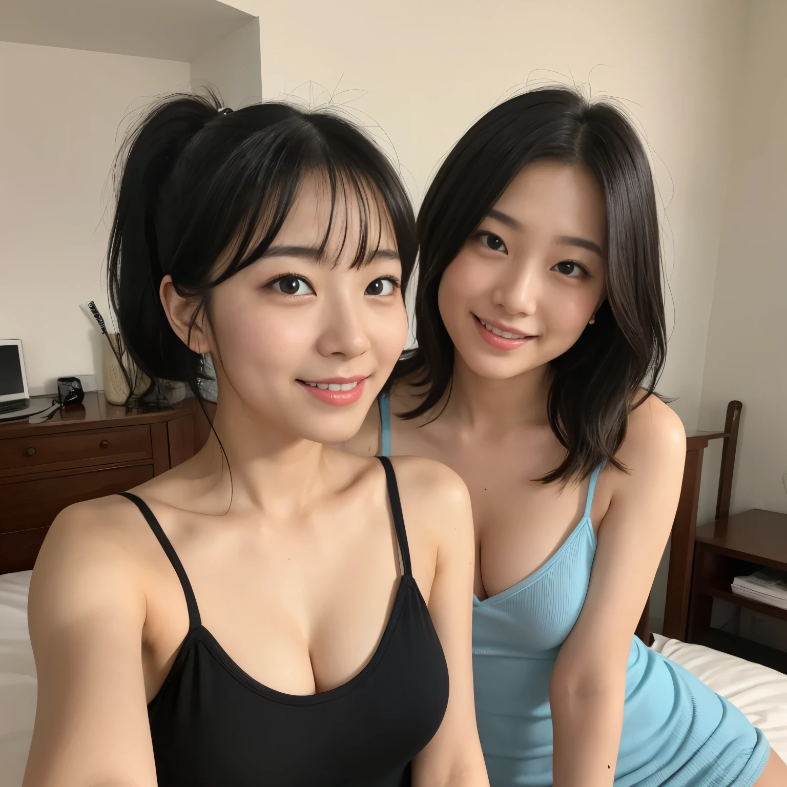 very high quality、detailed、Two Japanese women with actress-like beautiful faces、18 ～ Random age between 35 years、Slightly plump、1 person with short hair and 1 person with ponytail、black hair、Completely naked、thin camisole、bedroom、look at the camera、fascinating look、light smile、half open mouth、expression of ecstasy、blush、each other&#39;s breasts touch、fingers touch body、wet skin、wet hair