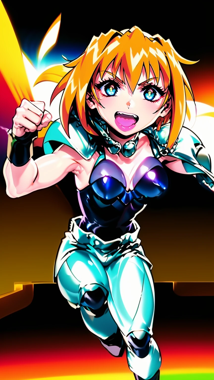 excel, orange hair, smile, fang, open mouth, green eyes,standing, medium breast, pants, pullover, , full body,knight pullover,, fantasy cyberpunk city magic, martial arts, martial pose, entire body, full body, posing, refsheet, full body,, pullover,