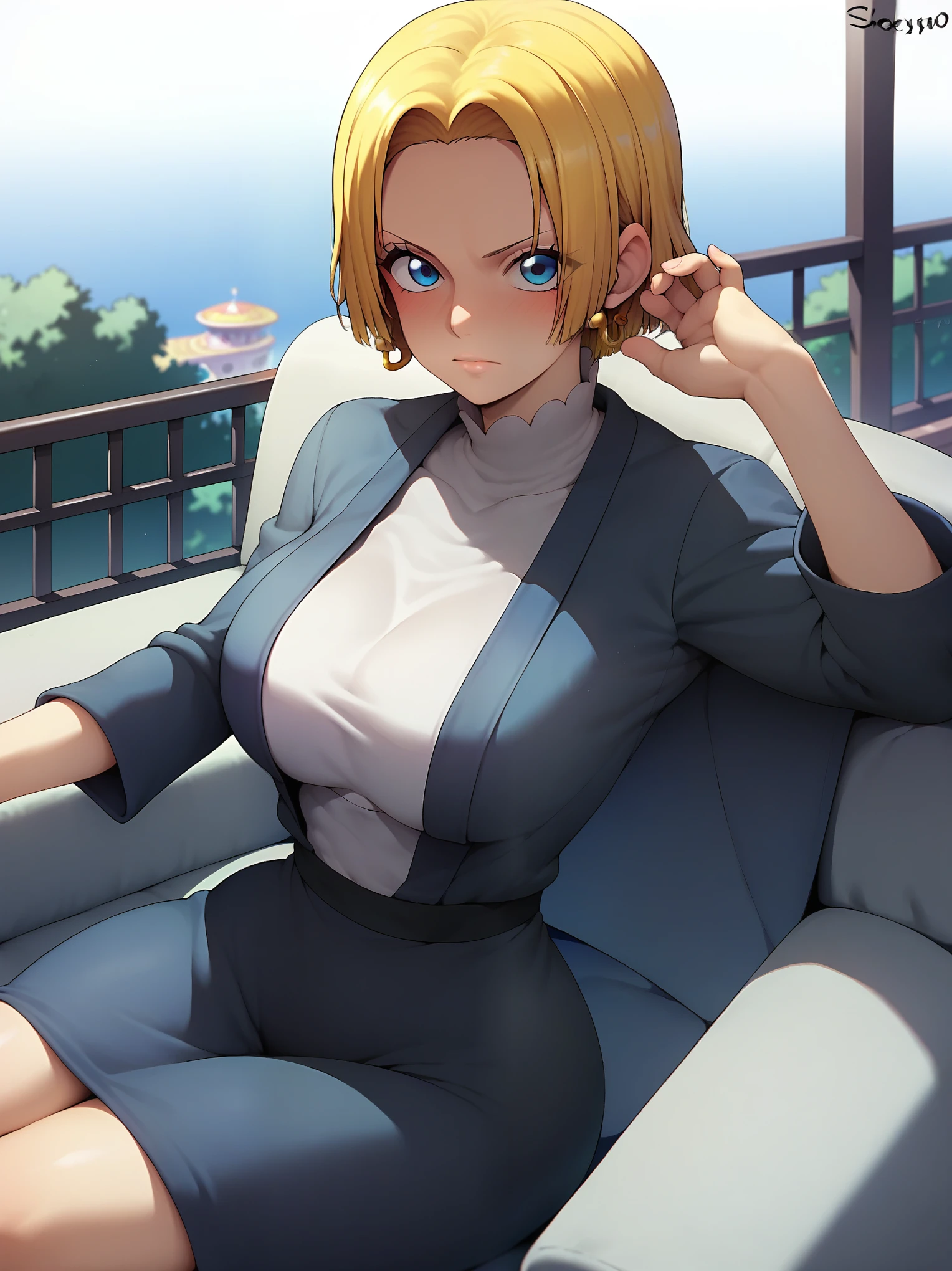 score_9,score_8_up,score_7_up,rating: general,1girl,solo, short hair,breasts,looking at viewer,blush,large blonde hair, closed mouth,shexyo, shexyo style, boa hancock, couch, balcony, fancy couch, white couch, one piece 