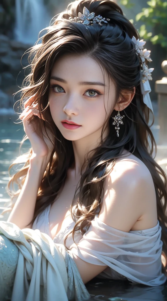 (masterpiece), (best quality:1.4), Ridiculous, [:intricate details:0.2], 1 girl, (naked towel), (fountain, hot spring:1.2), hydrated skin, (FOG:1.2), mist, skin shiny, Glowing skin, (partially submerged in the hot spring:1.2), (wet hair:1.2), mist, wet, moisture,full-body shot