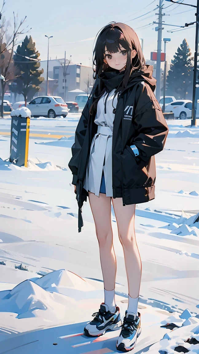 A height of 167cm，A 17-year-old skinny girl weighs 40 kilograms，The legs are very thin，wearing a coat and skirt，Bare white thin legs，no socks，There is a leg ring on the left leg，wearing sportshoes，standing on the snow，full body image