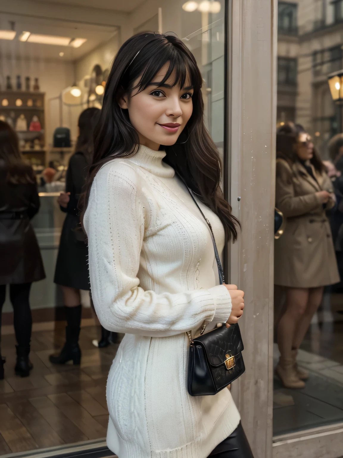 solo lovely smiling Bettie Page, strong daylight, sun shining, wintertime, very cold, raining,in front of boutique, (highest quality texture), boutique store front, display windows full of interesting items, film quality, completly dressed in high style leather fashion, antique maxy long wool cloack, large wool sweater, long wool skirt, black gloves, tigh high boots, 3 shoulder bag,she's in front of beautiful boutique ,soft accent candlelight in windows, gorgeous rembranndt like lighting, (Rembrandt patch), (highest quality window details), hip cool boutique in background, silky long dark hair, hair bangs to her eyes, she's gonna make love soon, every detail,Fine facial features, Masterpiece – Masterpiece ○○ quality – ○○ quality best quality(Highest Quality) ,Leica film, best, solo female, High quality (hiquality) etc ○○ detailed – ○○ details ultra detailed(Ultra-fine ), Photorealistic, Extremely detailed(Extremely detailed) , Finely detailed(Fine-grained), (highest detail skin texture peachfuzz earlobe realistic) etc ○○ res – ○○ resolution ultra high res(A high resolution) , very high texture res(light resolution), Realistic – Realistic Photorealistic – photorealistic beautiful – beautiful 4k , 8K, artsy shop front, close and intimate,