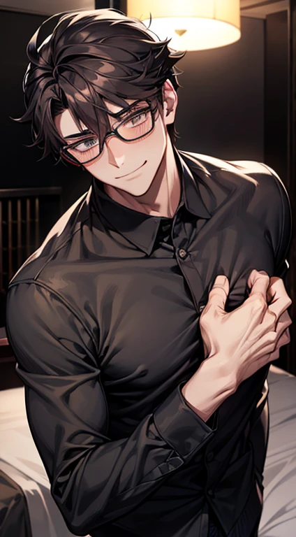 masseter muscle fragment,highest quality,Men's Shirt,single,Coal that burns like a human,glasses boys,Bad mood,crashed hairstyle,angle from below,bed,Keratinous,impatient,psychotic smile,one eye hair, put your hand on your face, blush, shy,The background is a hotel room.,at night