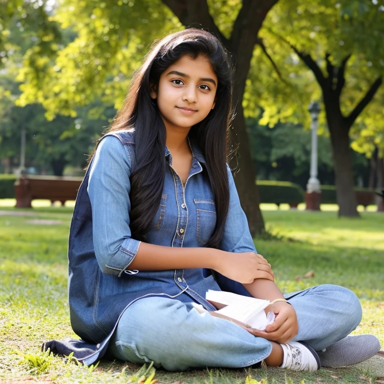 An Indian girl sitting in a park wearing a kurti with jeans