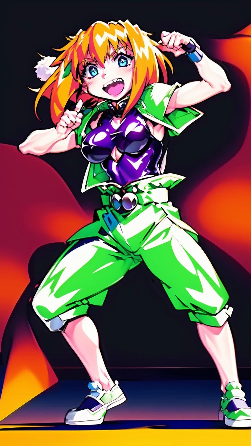 excel, orange hair, smile, fang, open mouth, green eyes,standing, medium breast, pants, pullover, , full body,knight pullover,, fantasy cyberpunk city magic, martial arts, martial pose, entire body, full body, posing, refsheet, full body,, pullover, fangs
