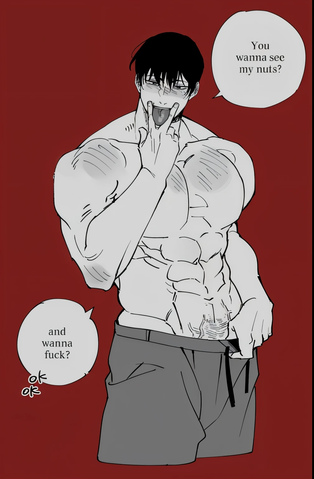 chico anime con una camisa puesta y un bocadillo sobre su cabeza, muscular!!, como un titan feo, as the Titan colosal, as a titan, boca style, boca, Titan colosal, muscular!, muscular!!!, muscular! blanco, [ rigidly defined abs ]!!, [ abdominales firmemente definidos ]!!, Gapmoe Yandere