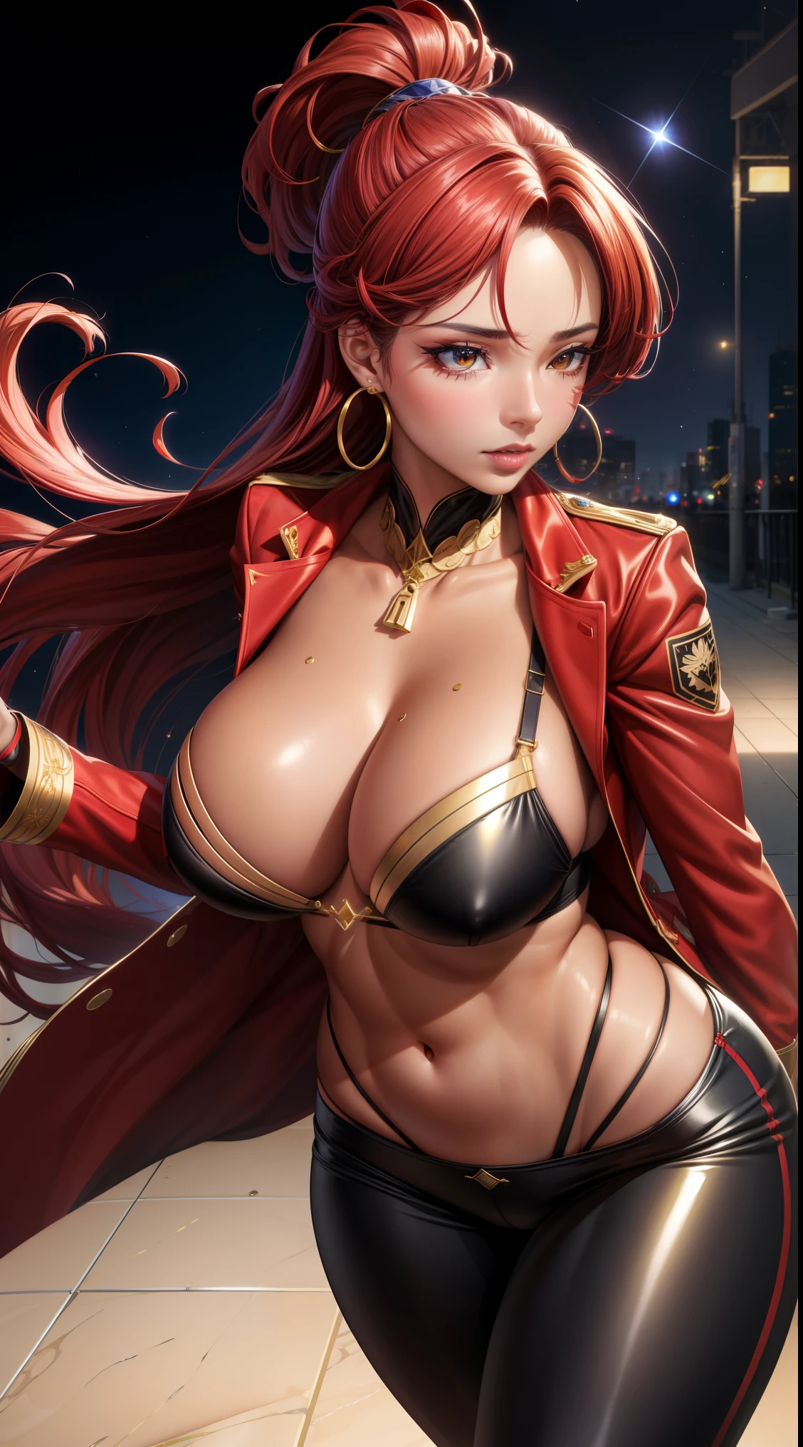 (best quality:1.5, highres, UHD, 4K, detailed lighting, shaders),best quality eyes, perfect hands, perfect finger , red floral haired, gradient hair, big breasts, red bra, big thighs, big butt, red jacket, red long pants, mature woman , (pov), black background, colorful eyeshadow, dramatic lighting, sparkling eyes, sensual expression, golden earrings, flowing hair, delicate facial features, dark skin, high cheekbones, urban setting, full body, black background, dont look for the camera, lean forward, behind the camera