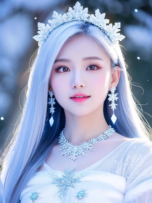 best quality,masterpiece,High resolution,a beauty,Exquisite face shape,ice princess,Ice magic,full-body shot,ice princess裙,,white hair,snowflake decoration