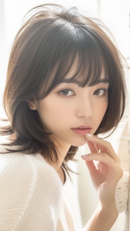 Hay una mujer parada frente a una cortina., con pelo corto, pelo negro, PELO NEGRO DESCONECTADO, cabello con flequillo negro, Noche!!, hair flequillo blanco hair, just a few bangs of hair, pelo cortado hime negro, con pelo negro, flequillo blanco, flequillo blancopelo negro, chiho, black pelo despeinado, pelo despeinado, short pelo despeinado
