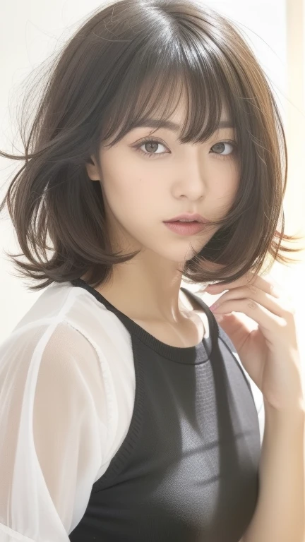 Hay una mujer parada frente a una cortina., con pelo corto, pelo negro, PELO NEGRO DESCONECTADO, cabello con flequillo negro, Noche!!, hair flequillo blanco hair, just a few bangs of hair, pelo cortado hime negro, con pelo negro, flequillo blanco, flequillo blancopelo negro, chiho, black pelo despeinado, pelo despeinado, short pelo despeinado