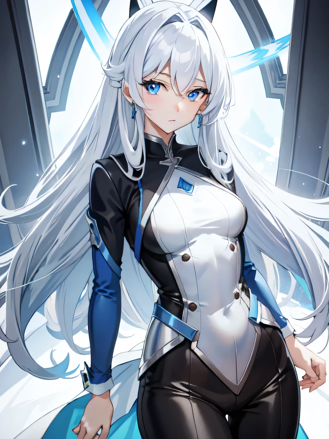 silver hair、blue eyes、woman、1 person、medium long hair, A tight-fitting suit that clearly shows your body shape、