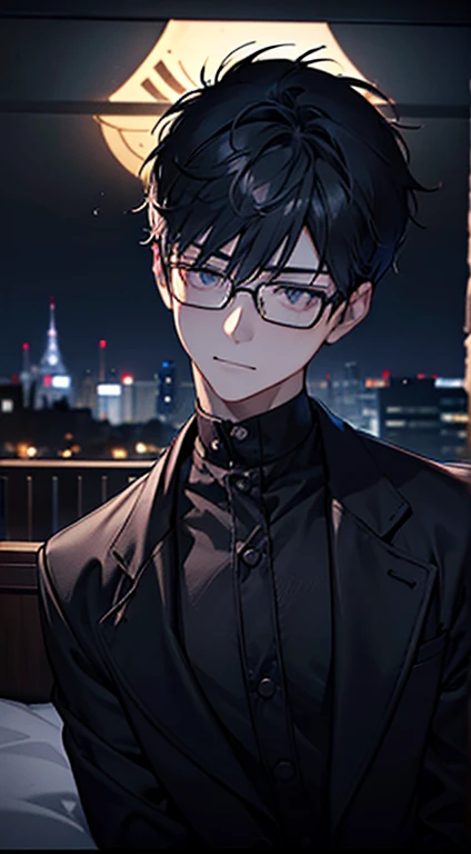 masseter muscle fragment,highest quality,Men's Shirt,single,Coal that burns like a human,glasses boys,Bad mood,crashed hairstyle,angle from below,bed,Keratinous,impatient,psychotic smile,one eye hair, put your hand on your face, blush, shy,The background is a hotel room.,at night