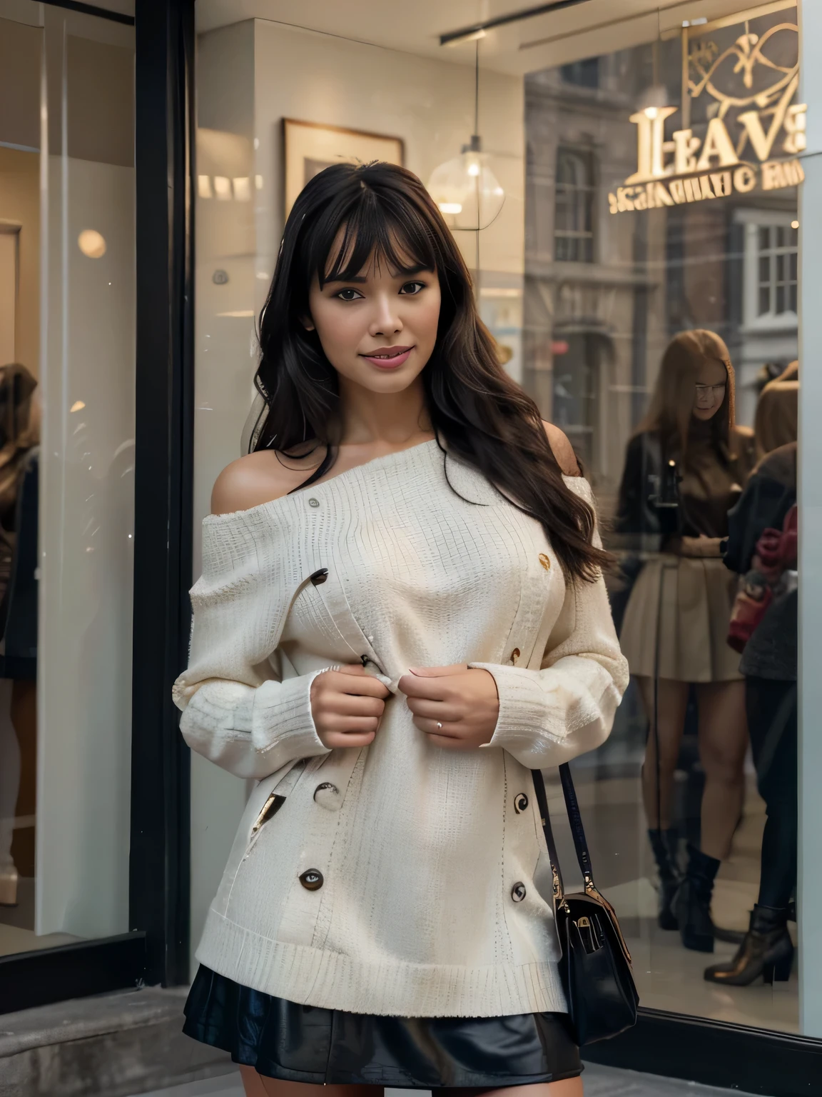 solo lovely smiling Bettie Page, strong daylight, sun shining, wintertime, very cold, raining,in front of boutique, (highest quality texture), boutique store front, display windows full of interesting items, film quality, completly dressed in high style leather fashion, antique maxy long wool cloack, large wool sweater, long wool skirt, black gloves, tigh high boots, 3 shoulder bag,she's in front of beautiful boutique ,soft accent candlelight in windows, gorgeous rembranndt like lighting, (Rembrandt patch), (highest quality window details), hip cool boutique in background, silky long dark hair, hair bangs to her eyes, she's gonna make love soon, every detail,Fine facial features, Masterpiece – Masterpiece ○○ quality – ○○ quality best quality(Highest Quality) ,Leica film, best, solo female, High quality (hiquality)　etc ○○ detailed – ○○ details ultra detailed(Ultra-fine ), Photorealistic, Extremely detailed(Extremely detailed) , Finely detailed(Fine-grained), (highest detail skin texture peachfuzz earlobe realistic)　etc ○○ res – ○○ resolution ultra high res(A high resolution) , very high texture res(light resolution), Realistic – Realistic Photorealistic – photorealistic beautiful – beautiful 4k , 8K, artsy shop front, close and intimate,