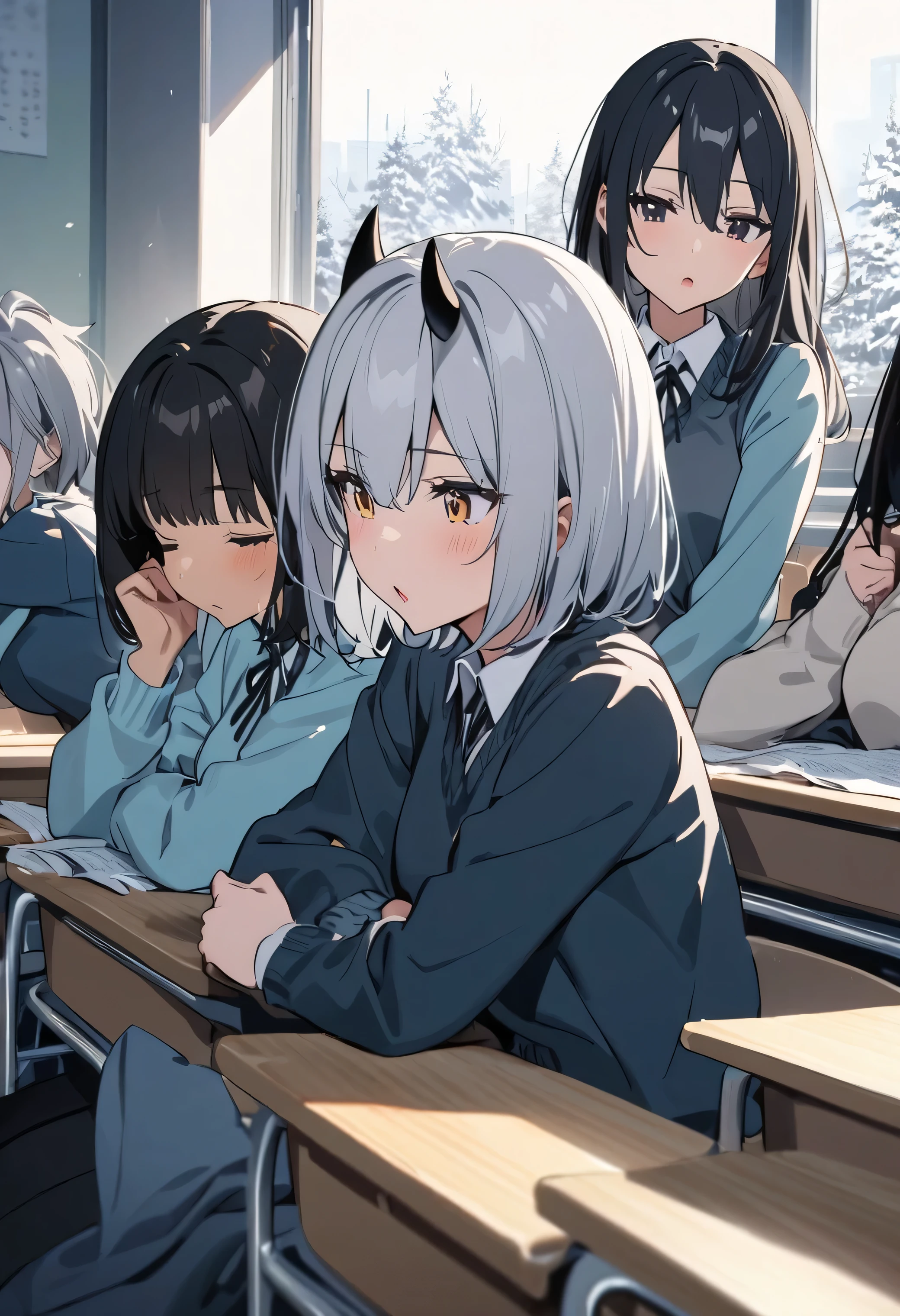 Three schoolgirls (one is black haired short hair, one has black long hair, one has horns and silver short hair) chilling in class, winter season