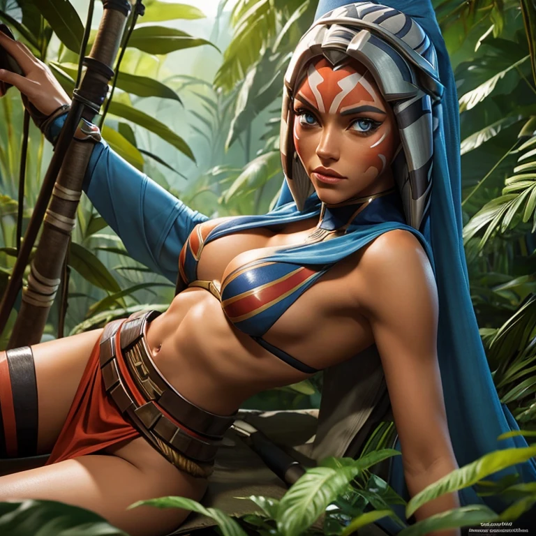 Sexy star warrior character Ahsoka Tano, with breasts and beautiful eyes, Against the backdrop of the jungle, realism