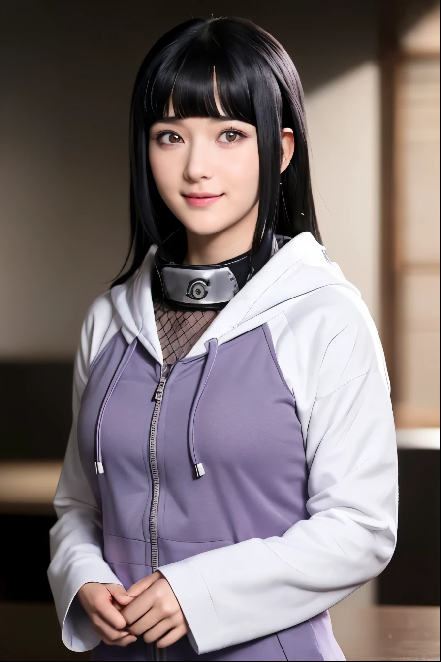  Create an image of Hinata Hyuga from "Naruto" , Picture a character with sleek black hair and bangs, giving a casual salute. They're wearing a modern, zip-up hoodie in shades of grey and lilac, with a distinctive logo on the upper arm. Underneath, there's a fishnet layer over a crisp white collared shirt,wearing a headband around the neck with the typical Konohagakure symbol, suggesting a blend of casual wear with a touch of unique styling. The pose exudes confidence and a playful attitude, as they stand in a cozy interior, hinting at a story behind their casual uniform, The overall impression is of a friendly, approachable individual, whose smile is subtle yet inviting, standing confidently with a sense of quiet self-assurance, byakugan eyes,(ultra detailed), (8k, intricate), (85mm), light particles, lighting, full body, (highly detailed:1.2), breast focus, (gradients), sfw, colorful, (detailed background), (rule of third_composition:1.3), (Line of action:1.2), daylight, solo