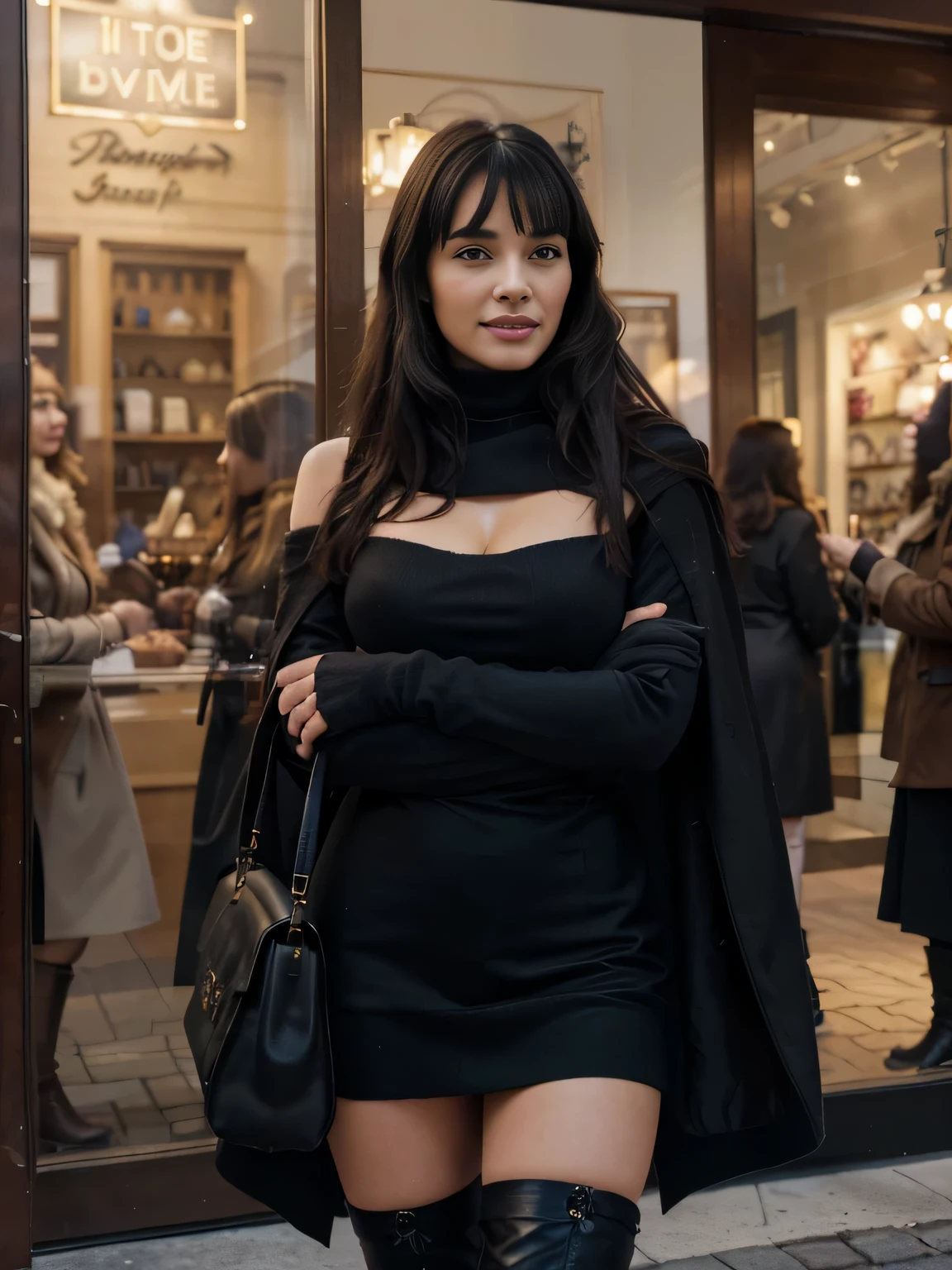solo lovely smiling Bettie Page, strong daylight, sun shining, wintertime, very cold, raining,in front of boutique, (highest quality texture), boutique store front, display windows full of interesting items, film quality, completly dressed in high style leather fashion, ancient medieval very long black cloak of cloth, large wool sweater, long wool skirt, black gloves, tigh high boots, 3 shoulder bag,she's in front of beautiful boutique ,soft accent candlelight in windows, gorgeous rembranndt like lighting, (Rembrandt patch), (highest quality window details), hip cool boutique in background, silky long dark hair, hair bangs to her eyes, she's gonna make love soon, every detail,Fine facial features, Masterpiece – Masterpiece ○○ quality – ○○ quality best quality(Highest Quality) ,Leica film, best, solo female, High quality (hiquality)　etc ○○ detailed – ○○ details ultra detailed(Ultra-fine ), Photorealistic, Extremely detailed(Extremely detailed) , Finely detailed(Fine-grained), (highest detail skin texture peachfuzz earlobe realistic)　etc ○○ res – ○○ resolution ultra high res(A high resolution) , very high texture res(light resolution), Realistic – Realistic Photorealistic – photorealistic beautiful – beautiful 4k , 8K, artsy shop front, close and intimate,
