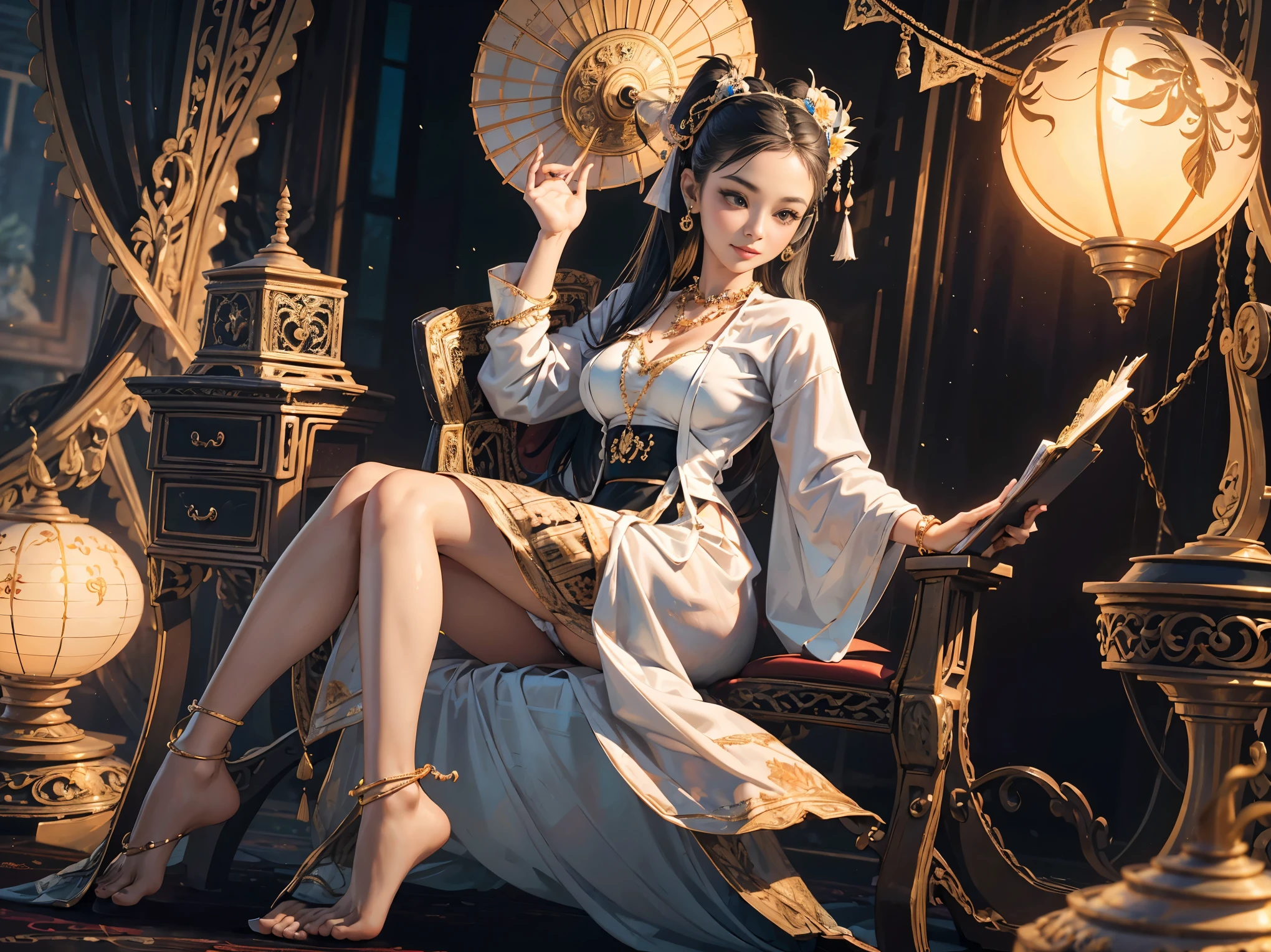 (retro pictures), (Solo),(Lanna), (Burmese girl), (realistic:1.3), Crazy details, quality, (Masterpiece:1.2), (photorealistic:1.2), (best quality), (Fine skin:1.3), (complicated details), Ray Tracing, ((full body)), ((ผู้หญิง 1 person)), (((1 person))), 30 years old, Bare-chested, Very long straight hair., smile, purple dress, patterned skirt, Contrasting colors between dresses and skirts, skirt pattern, earring, necklace, Javanese jewelry, (blurred background), eye on camera, Breast cleavage, medium sized breast