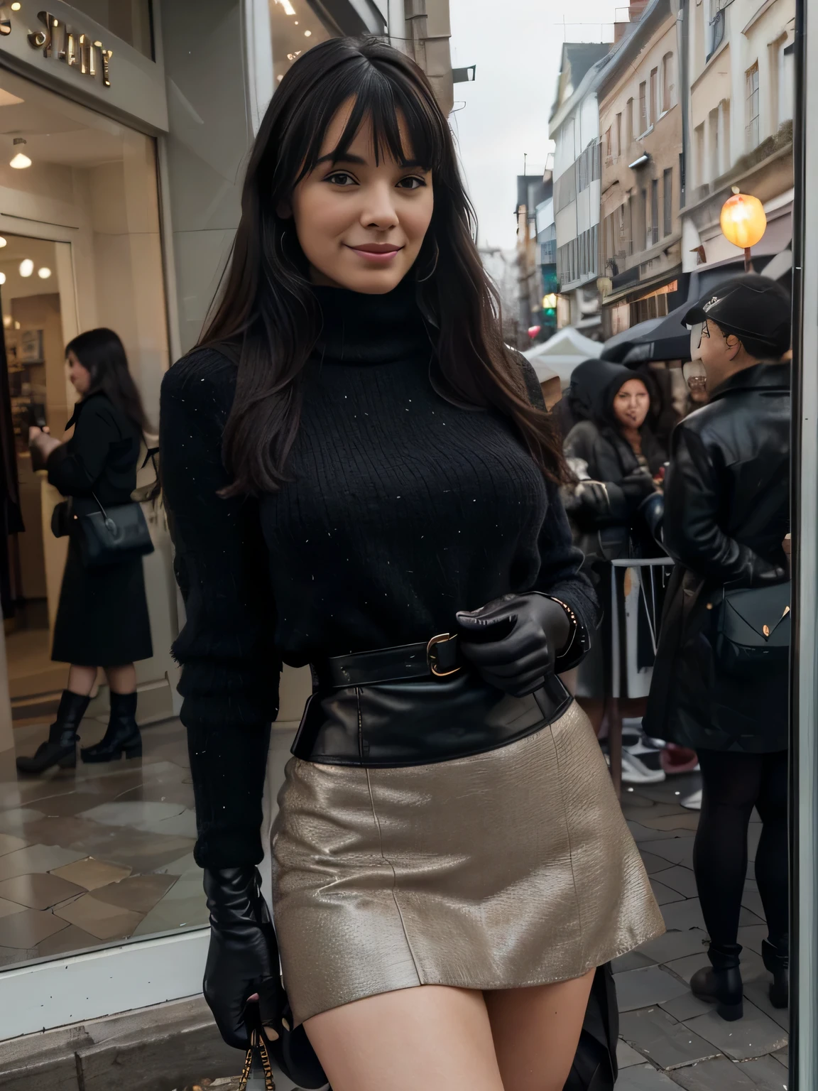 solo lovely smiling Bettie Page, strong daylight, sun shining, wintertime, very cold, raining,in front of boutique, (highest quality texture), boutique store front, display windows full of interesting items, film quality, completly dressed in high style leather fashion, ancient medieval very long black cloak of cloth, large wool sweater, long wool skirt, black gloves, tigh high boots, 3 shoulder bag,she's in front of beautiful boutique ,soft accent candlelight in windows, gorgeous rembranndt like lighting, (Rembrandt patch), (highest quality window details), hip cool boutique in background, silky long dark hair, hair bangs to her eyes, she's gonna make love soon, every detail,Fine facial features, Masterpiece – Masterpiece ○○ quality – ○○ quality best quality(Highest Quality) ,Leica film, best, solo female, High quality (hiquality) etc ○○ detailed – ○○ details ultra detailed(Ultra-fine ), Photorealistic, Extremely detailed(Extremely detailed) , Finely detailed(Fine-grained), (highest detail skin texture peachfuzz earlobe realistic) etc ○○ res – ○○ resolution ultra high res(A high resolution) , very high texture res(light resolution), Realistic – Realistic Photorealistic – photorealistic beautiful – beautiful 4k , 8K, artsy shop front, close and intimate,