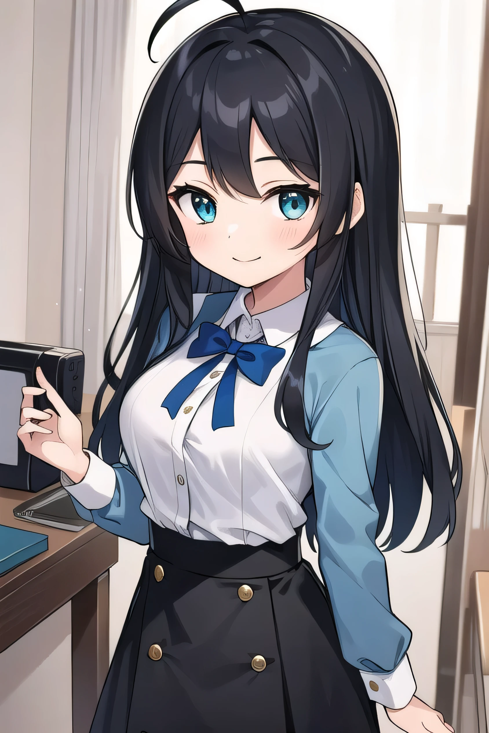  high schoolooks like an elementary school st short, 140cm tall, black hlight green tinge, short ahoge, beautiful long hair but with a little hair sticking out, beautiful round eyes, blue eyes, smile, boyish, long sleeves , thick clothes, skirt, big breasts, hair longer than waist, long hair, young face, dark greenish black hair, gentle smile, a little shy, skirt is black, hair is black but has a slight green tinge, boyish and gentle smile I have.
