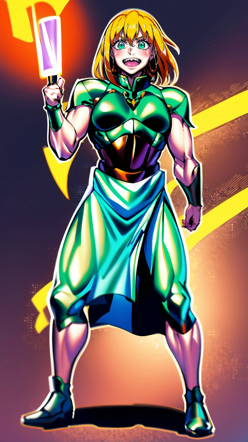 excel, orange hair, smile, fang, open mouth, green eyes,standing, medium breast, pants, pullover, , full body,knight pullover,, fantasy cyberpunk city magic, martial arts, martial pose, entire body, full body, posing, refsheet, full body,, pullover, fangs