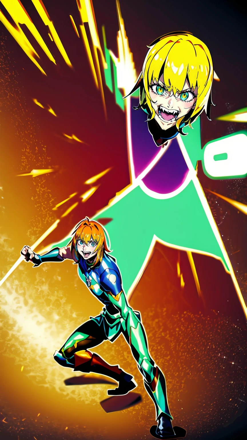 excel, orange hair, smile, fang, open mouth, green eyes,standing, medium breast, pants, pullover, , full body,knight pullover,, fantasy cyberpunk city magic, martial arts, martial pose, entire body, full body, posing, refsheet, full body,, pullover, fangs