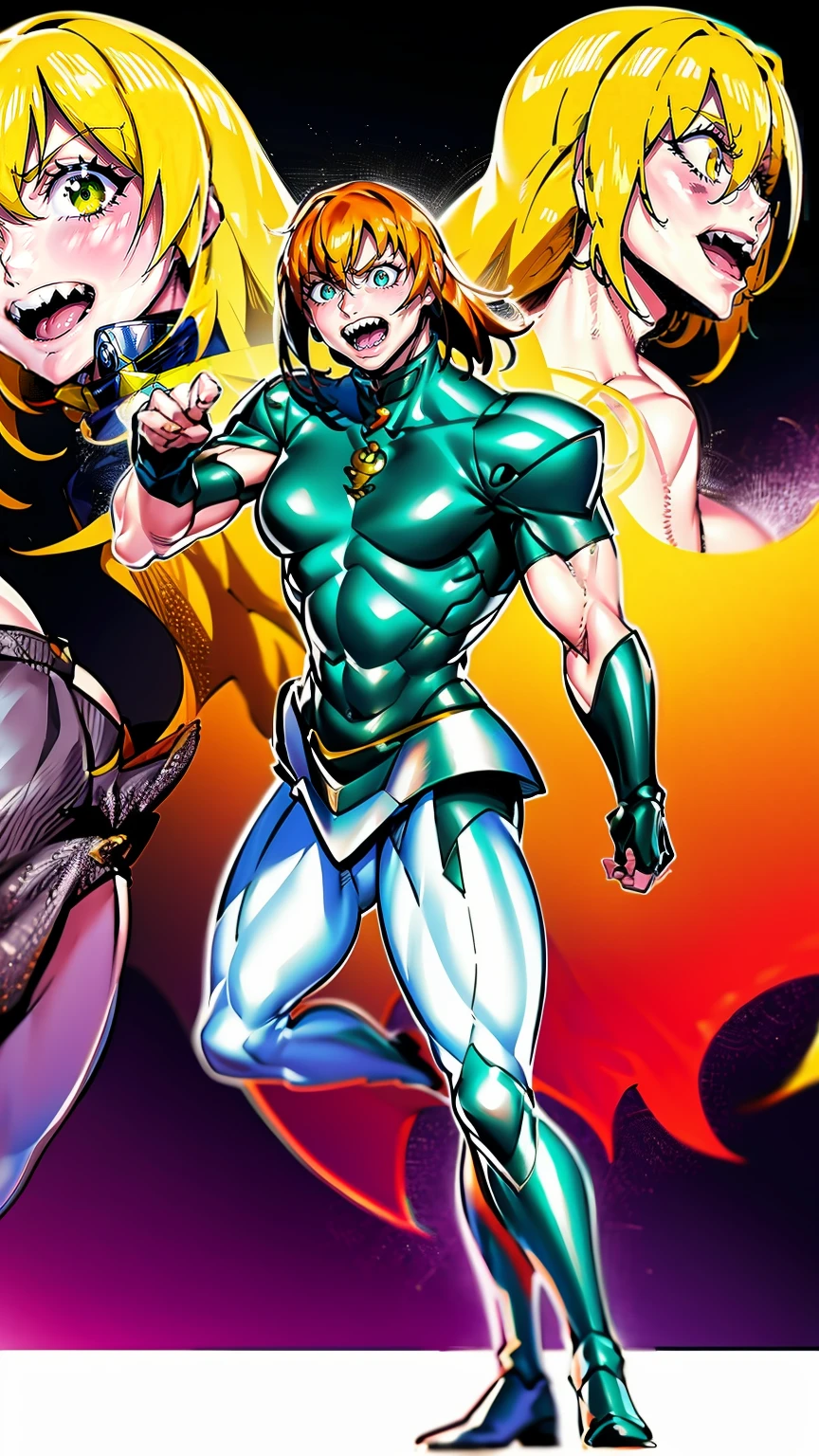 excel, orange hair, smile, fang, open mouth, green eyes,standing, medium breast, pants, pullover, , full body,knight pullover,, fantasy cyberpunk city magic, martial arts, martial pose, entire body, full body, posing, refsheet, full body,, pullover, fangs