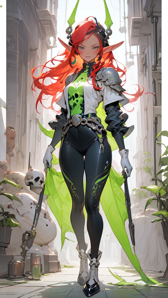 (((masterpiece, Best quality))), (elf), (1 girl), (sexy), One,  bang,  red dyed hair，White Cyber Skull Armor，long black tights with gloves，Handsome man standing in white shoes, art style Artgerm, from Kawasi, Yusuke Murata