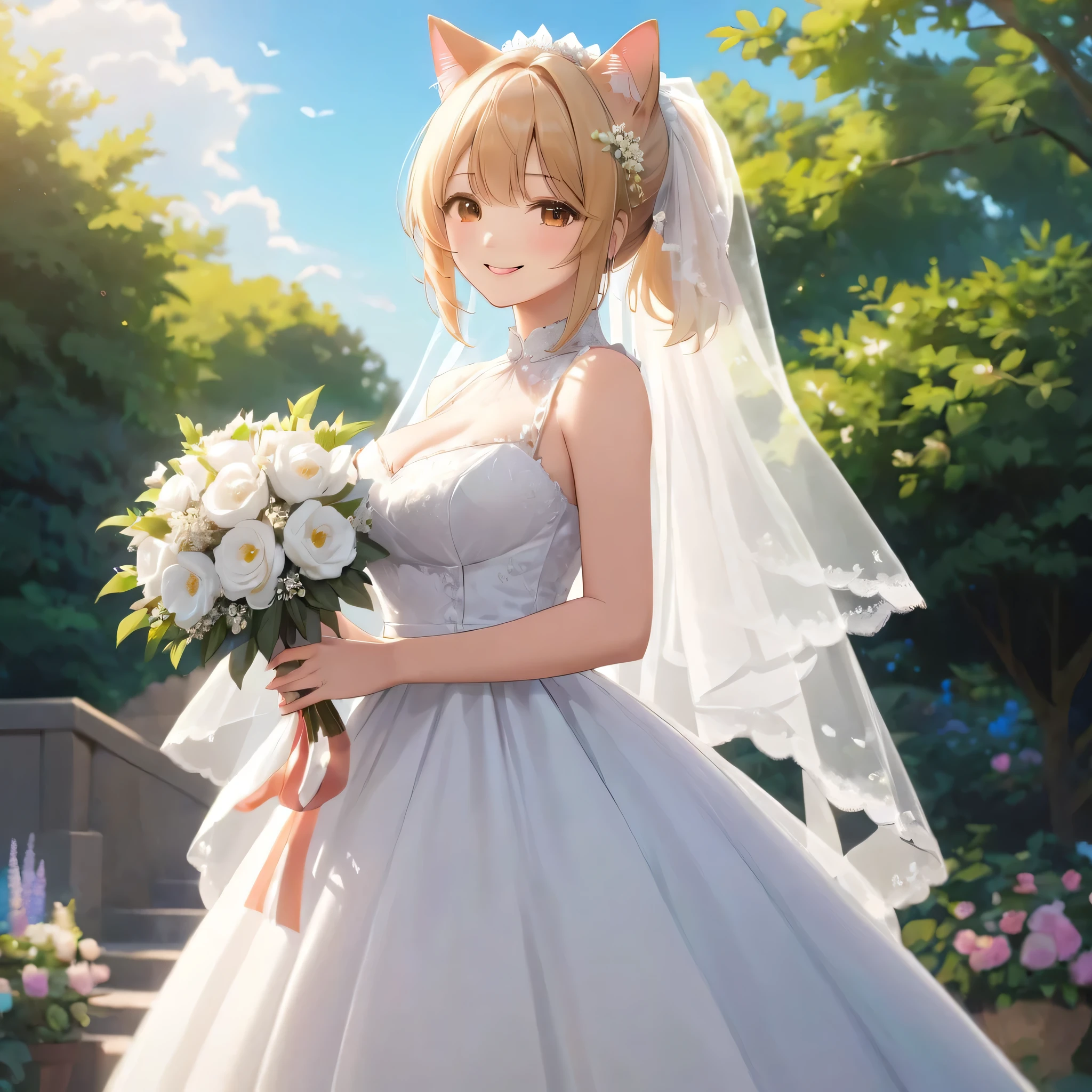 masterpiece,highest quality,High resolution,Super detailed,Ayoriko,1 girl,long hair,ponytail,side lock,bangs,Shash,(Wedding dress:1.2),white dress,(veil:1.2),garden,smile,outdoor,Are standing,cowboy shot,holding a bouquet,(Cat ear)、Bob Cut Blonde Hair、big breasts、Different world